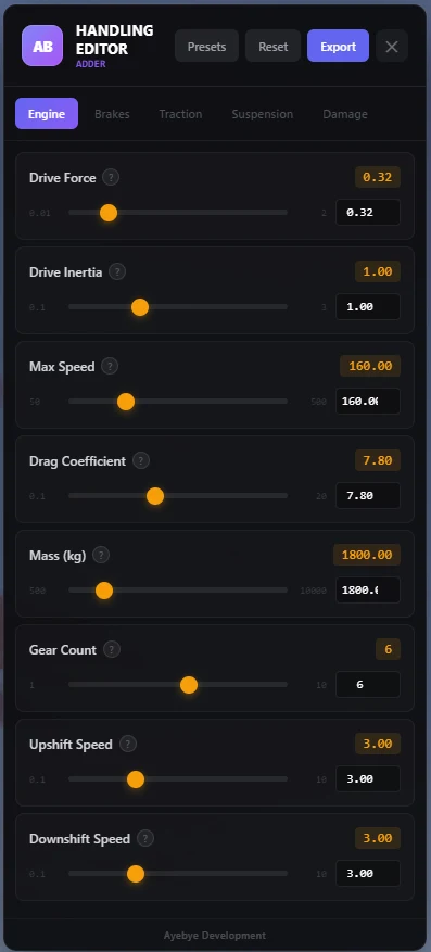 AB Handling | Real-Time Vehicle Handling Editor