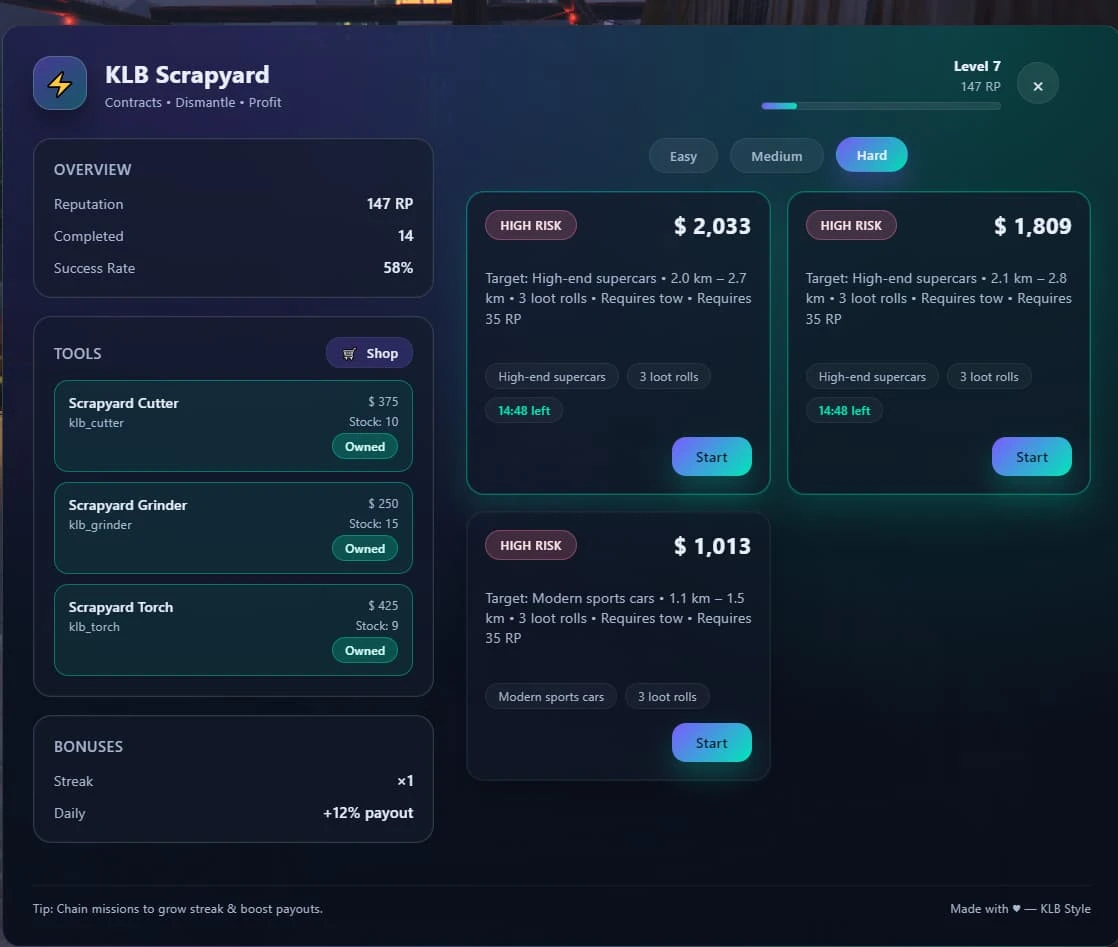KLB-Scrapyard | Advanced Vehicle Contract System (Free Release)